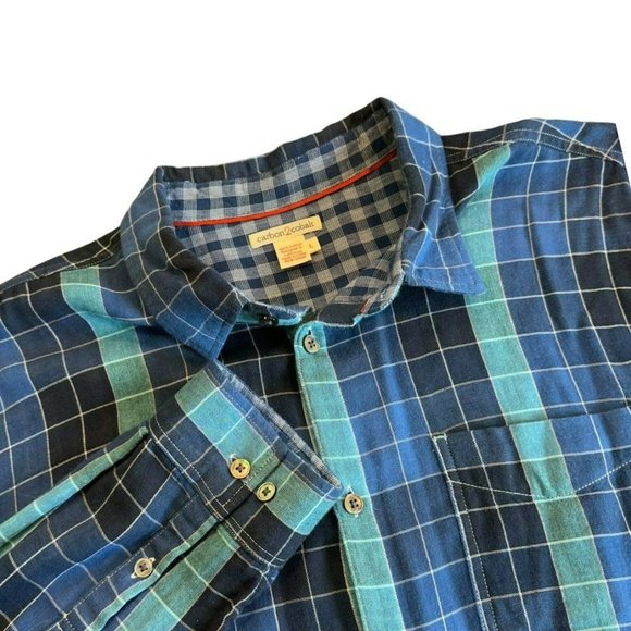 Carbon 2 Cobalt Blue Check Long Sleeve Lightweight Flannel Button Up Shirt Mens‎ - Picture 1 of 5